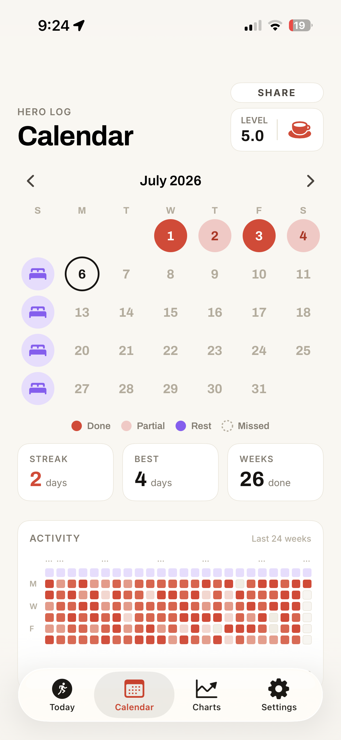One Punch Daily — the Calendar screen with a month grid, streak stats and activity heatmap