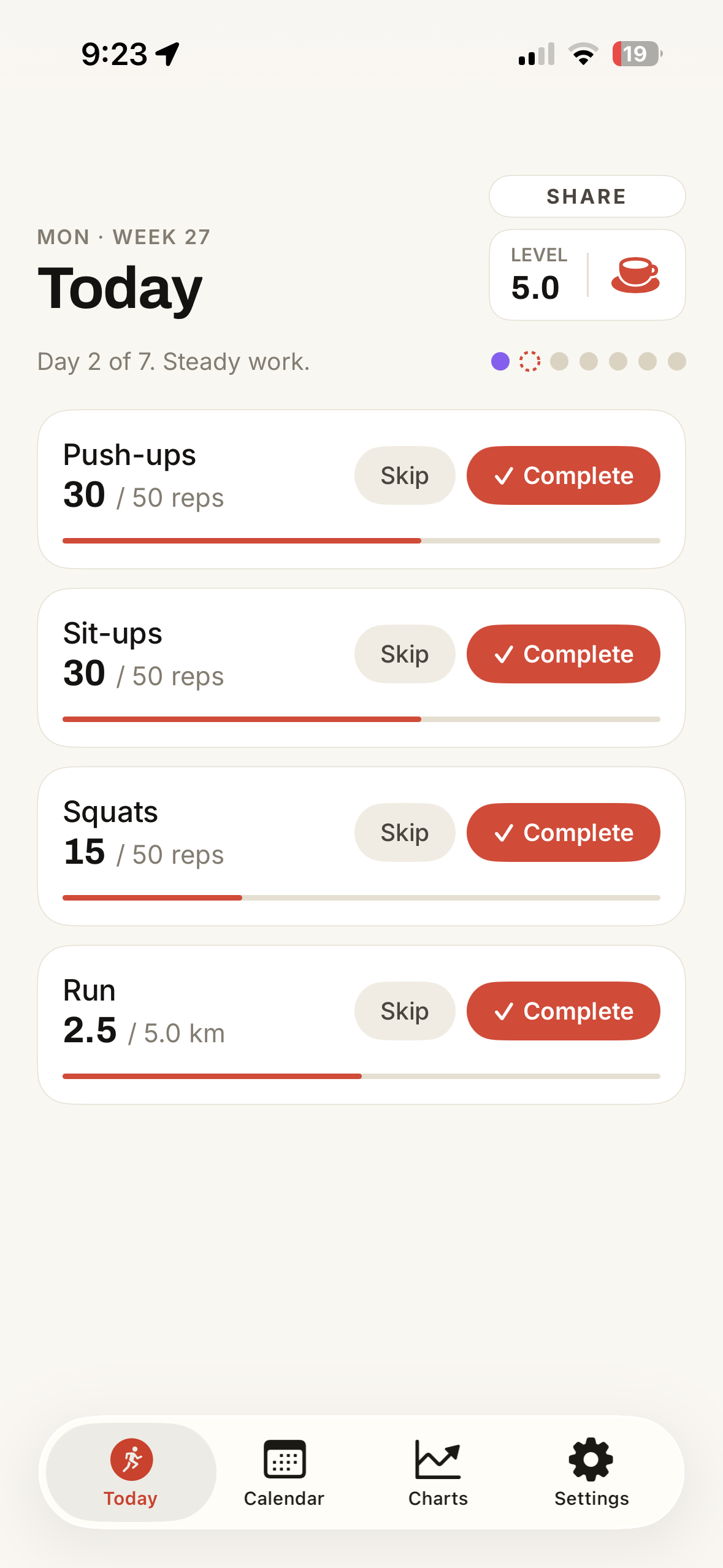 One Punch Daily — the Today screen showing push-ups, sit-ups, squats and run for the day